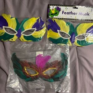Mardi Gras Style Feather Party Mask - Yellow Green Purple
